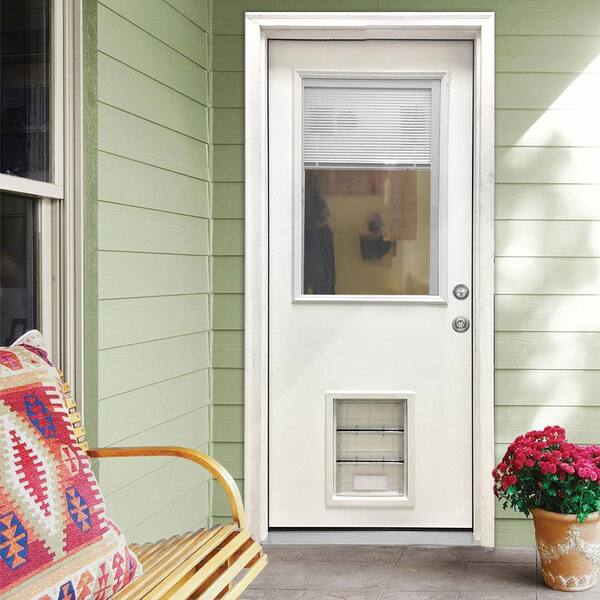 32 in. x 80 in. Reliant Series Clear Mini-Blind LHIS White Primed Fiberglass Prehung Front Door with Large Pet Door