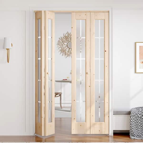 48 in. x 80 in. 3/4 Lite Frosted Glass Preassembled Solid Core Wood Spruce Bi-fold Door with Hardware