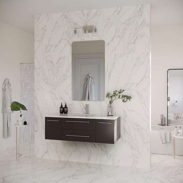 Lucera 48 in. Single Sink Wall Mount Floating Espresso Bath Vanity with White Quartz Top and Undermount Ceramic Sink