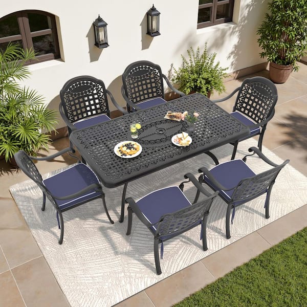 Isabella Black 7-Piece Cast Aluminum Outdoor Dining Set with Rectangle Table and Dining Chairs and Blue Cushion
