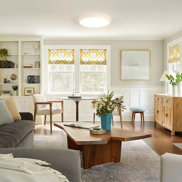 9 in. Antique White Round Flat Panel Integrated LED Flush Mount Ceiling Light with Remote for Bedroom, Hallway, Kitchen