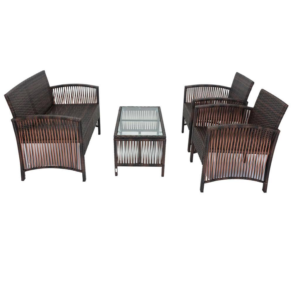 Tenleaf Brown 4-Piece Wicker Patio Conversation Set with Soft Cushions ...