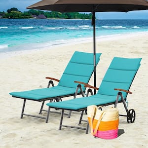 2-Pieces Folding Patio Rattan Lounge Chair with Turquoise Cushioned Aluminum Adjust Wheel