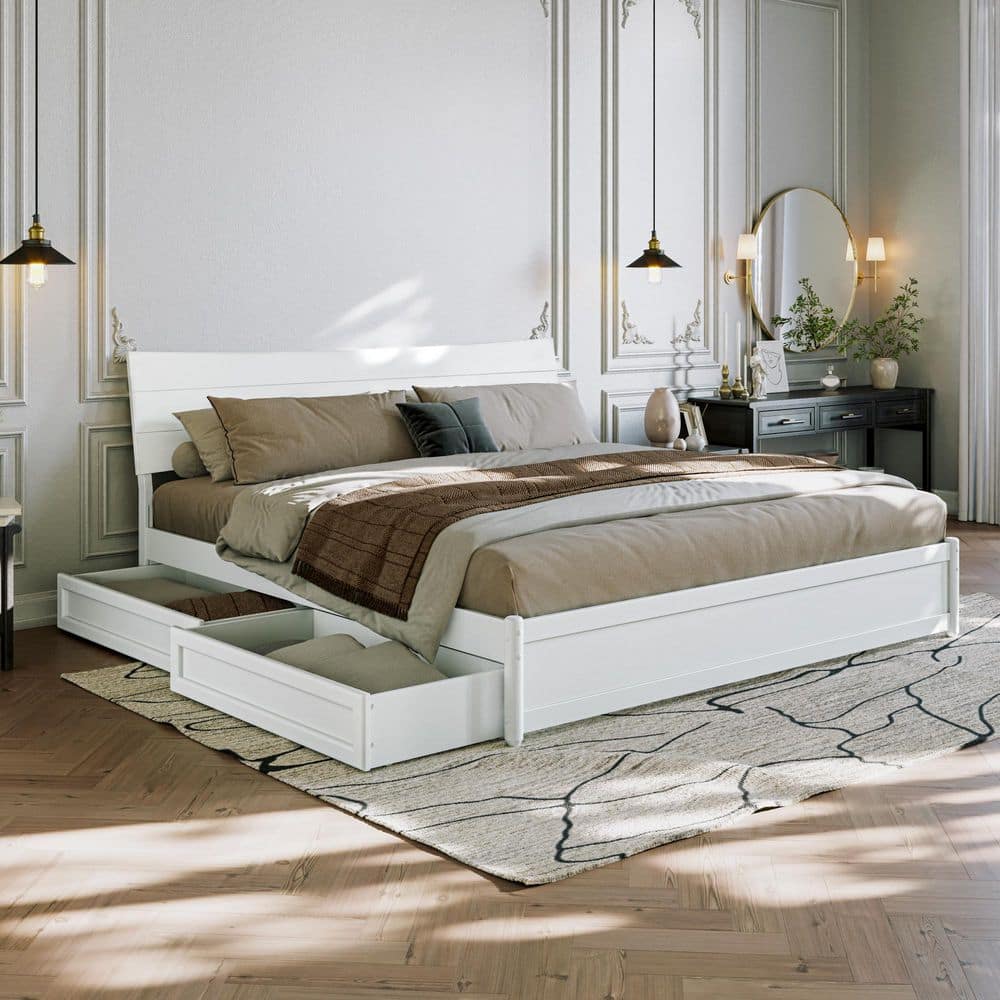 Harlowe White Wood Frame King Platform Bed with Storage Drawers