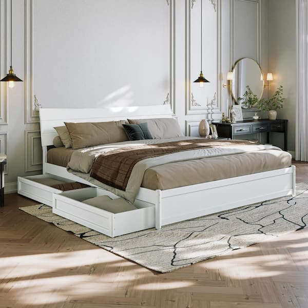 AFI Harlowe White Wood Frame King Platform Bed with Storage Drawers ...