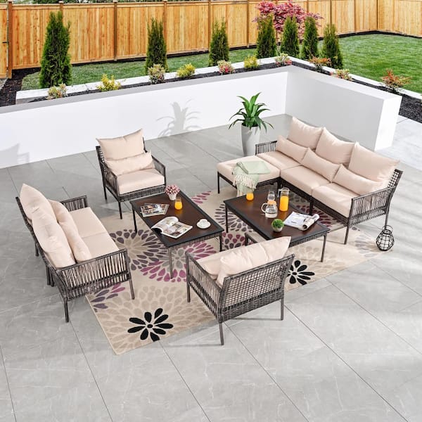 Patio Festival 10-Piece Metal Patio Conversation Set with Beige Cushions