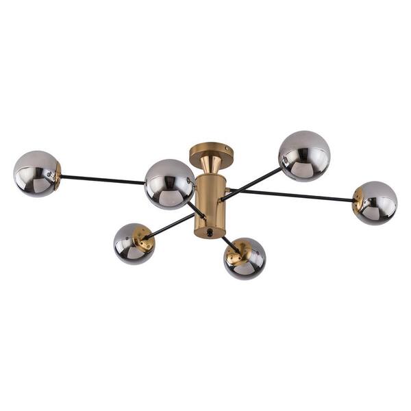 OUKANING 38.1 in. 6-Light Gold Modern Sputnik Semi-Flush Mount