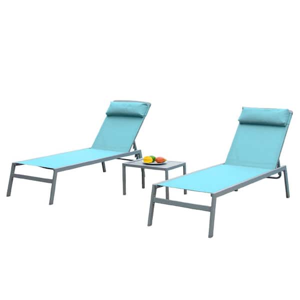 3-Piece Metal Outdoor Chaise Lounge, Lake Blue Reclining Chairs with Adjustable Backrest