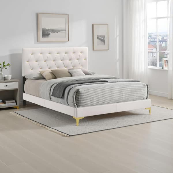 Benjara Lif White Wood Frame Queen Size Platform Bed with Headboard