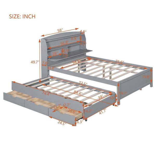 Nestfair Gray Wood Frame Full Size Platform Bed with LED, Drawers