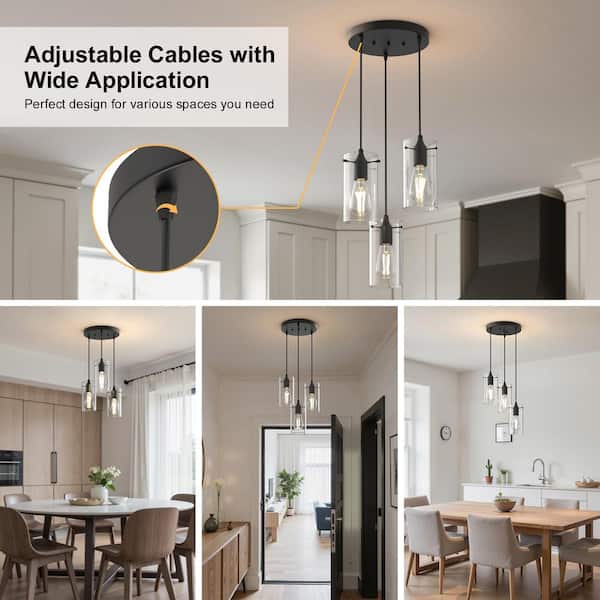 Emeritpro 3-Light Black Pendant Light with Clear Cylinder Glass