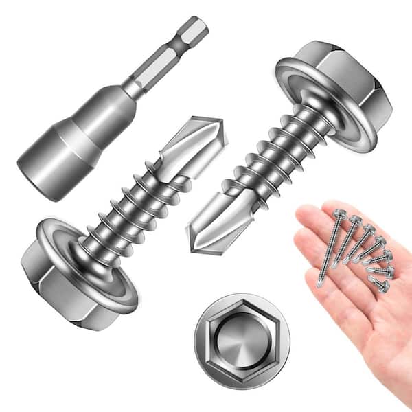 #8 x 5/8 in. Silver Hex Washer Head Self Drilling Sheet Metal Screws (100-Pack)
