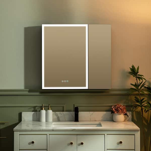 30 in. W x 28 in. H Rectangular Aluminum Surface-Mount Bathroom Medicine Cabinet with Mirror and LED Light