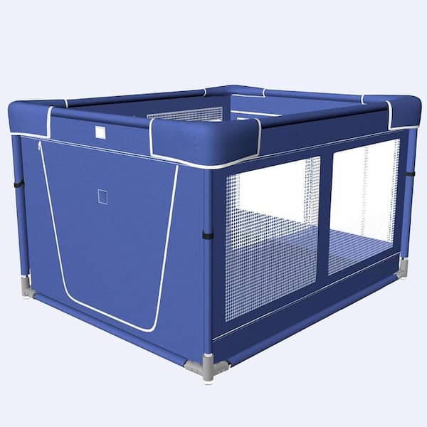 Dog Playpen, 43x43x26 Inches Puppy Playpen Portable Pet Play Pen Indoors With Cover And Gate, Tear Resistant Thickened Fabric Waterproof Bottom Breathable Mesh Dog Fence For Indoor&Outdoor, Blue Black