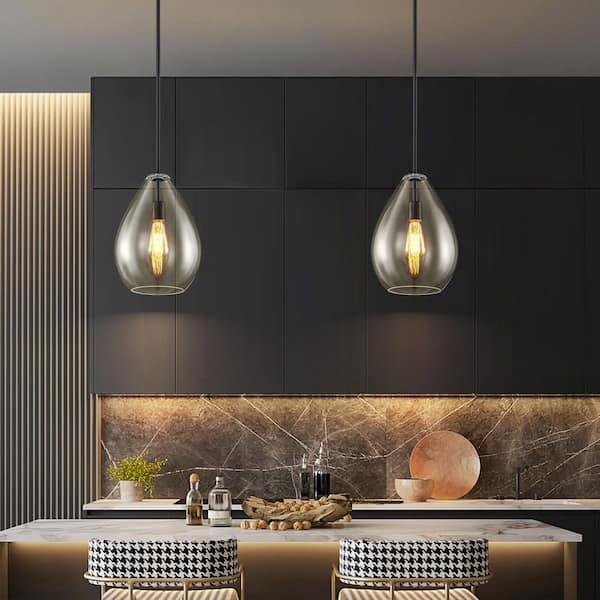 Natalie 60-Watt 1-Light Modern Industrial Black Kitchen Island Pendant Light with Clear Olive-Shaped Glass Shade