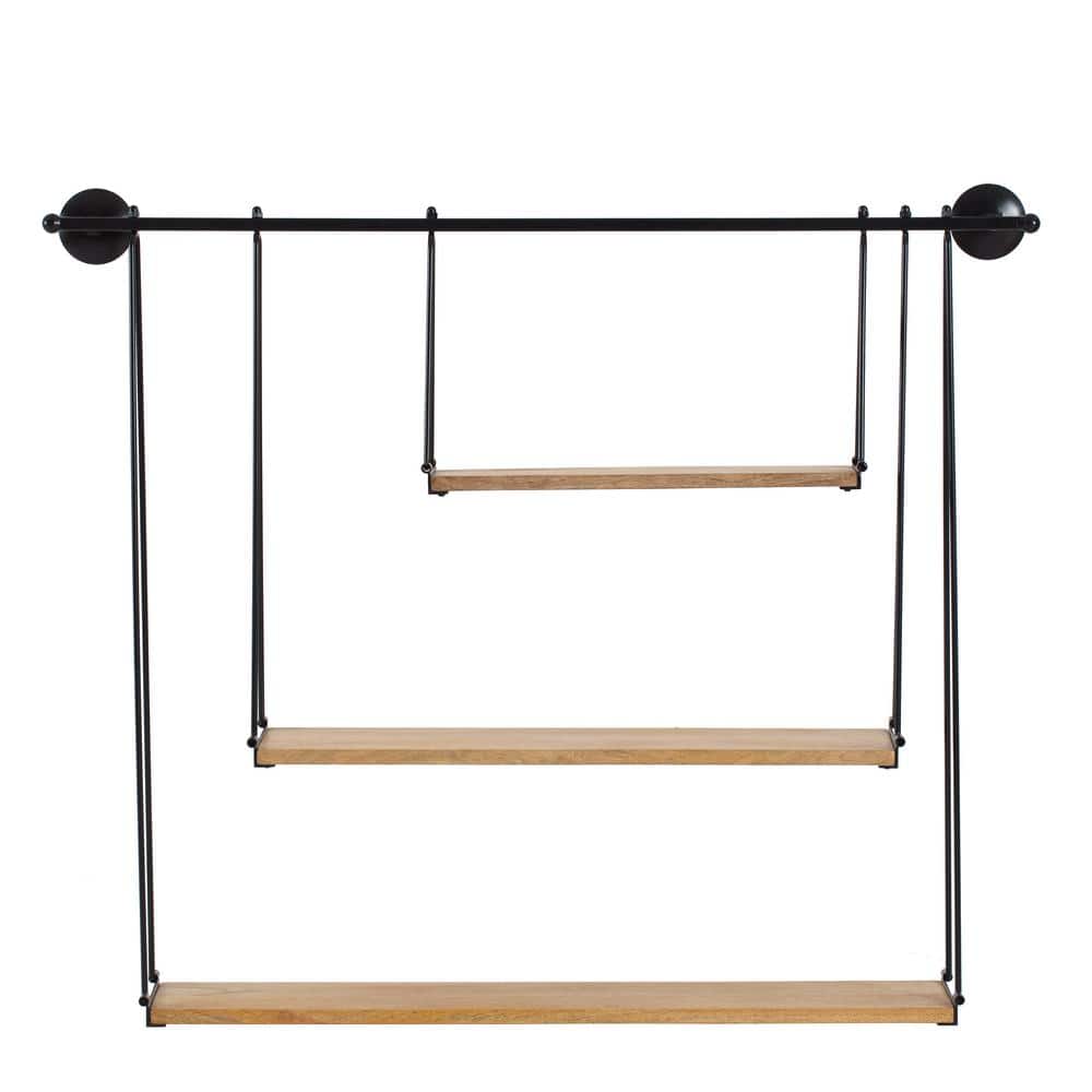 Sleek Scandinavian Black Iron & Wood 3-Tier Floating Shelf
