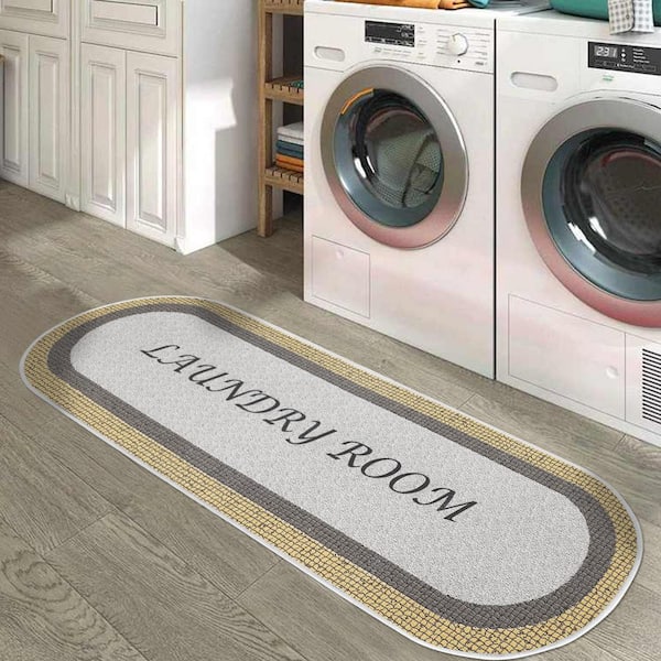 Laundry Room Gray-Gold 1 ft 8 in. x 4 ft 11 in. Cotton Oval Runner Rug