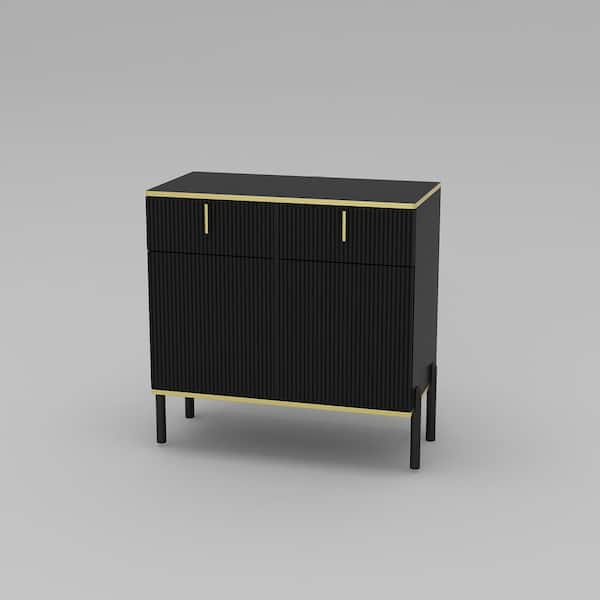 FUFU&GAGA 31.4 in. W Black Rectangle Wood End Table, Side Storage with 2 Drawers, 2 Doors, 4 Doors & Vertical Wavy Front Surface