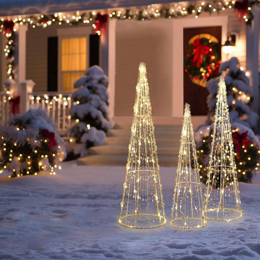 Gold Lighted Metal Cone Trees Set for Indoor and Outdoor Holiday Decoration