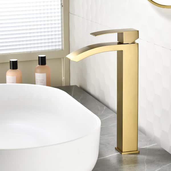 Single Handle Vessel Sink Faucet with Pop-Up Drain, Waterfall Tall Single Hole Bathroom Sink Faucet in Brushed Gold