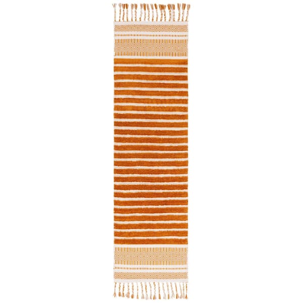Cotton Kilim 2 ft. x 8 ft. Natural/Gold Bohemian Striped Runner Rug