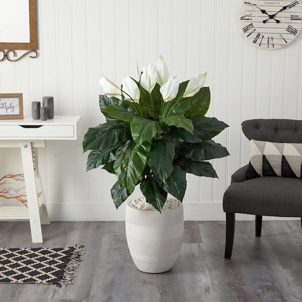 Nearly Natural 4 ft. Artificial Spathiphyllum Plant in White Designer Planter