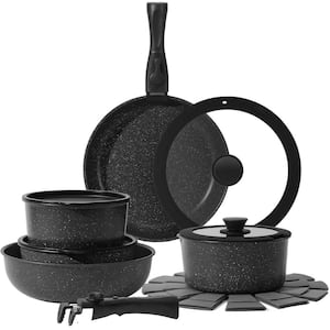 15-Piece Nonstick Granite Cookware Set Pots and Pans with Glass Lids, Removable Handle, PFAS & PFOA Free in Black