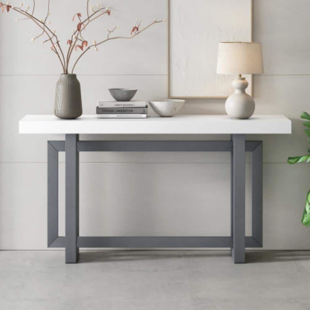 59" Dark Gray Painted Console Table with Triple Rectangle Legs & Solid Pine Wood