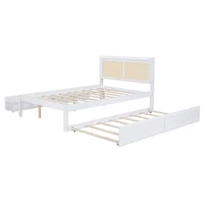 White Wood Frame Full Size Platform Bed with Rattan Headboard and Sockets