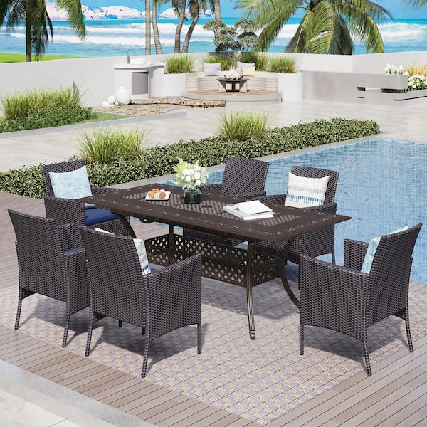 PHI VILLA Black 7-Piece Cast Aluminum Patio Outdoor Dining Set with Rectangular Table and Rattan Chairs with Blue Cushions