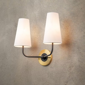 Sophia 15.7 in. 2-Light Wall Sconce Black and Gold with Fabric Shade