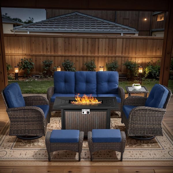 Brown 7-Piece Wicker Patio Fire Pit Set, Outdoor Sofa Seating Set with Olefin Navy Blue Cushions and Swivel Rockers