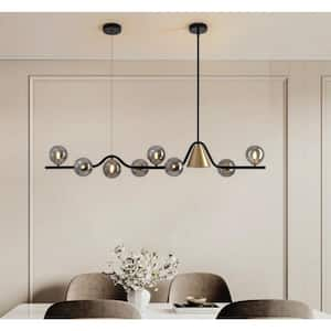 9-Light Black and Gold Modern Stylish Linear Sputnik Globe Molecule Chandelier with Smoke Gray Glass Shades