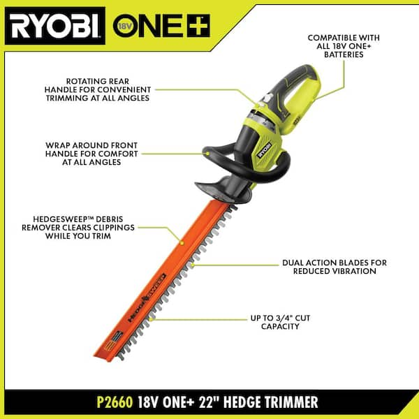 RYOBI ONE 18V 22 in. Cordless Battery Hedge Trimmer Tool Only