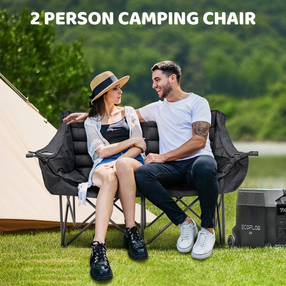 XXXL Black Polyester Double Camping Chair with Arms and Storage Bag