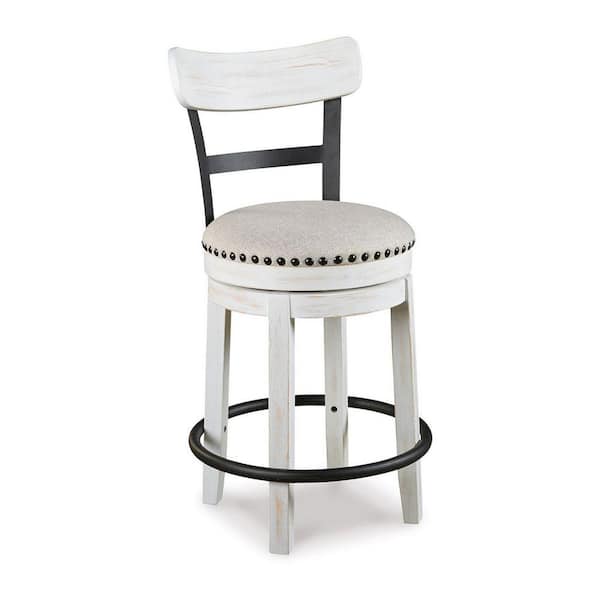 Benjara 31.88 in. White and Black Low Back Wooden Frame Counter Stool with Polyester Seat