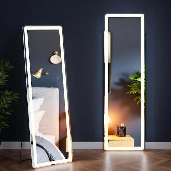 16 in. W x 60 in. H Rectangular Framed Tilt Wall Bathroom Vanity Mirror in White with LED Lights