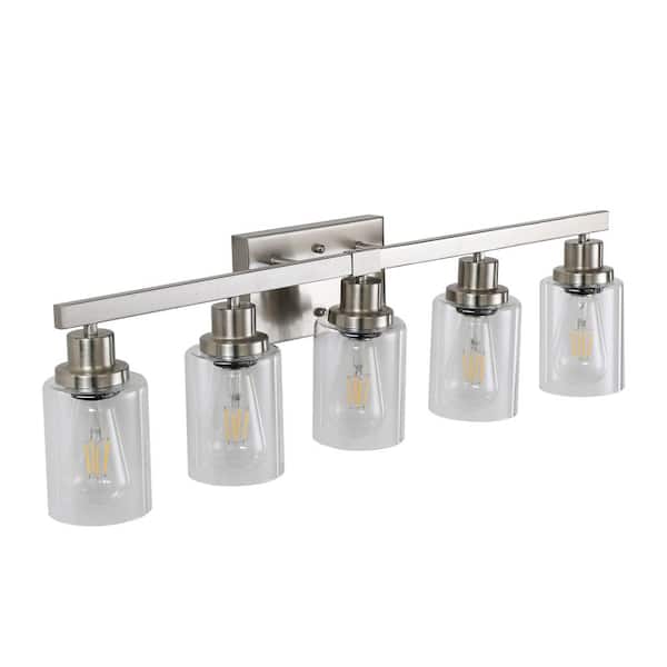 5-Light Chrome Vanity Light with Cylindrical Clear Glass Shades and Iron Frame, E26 Bulbs Not Included