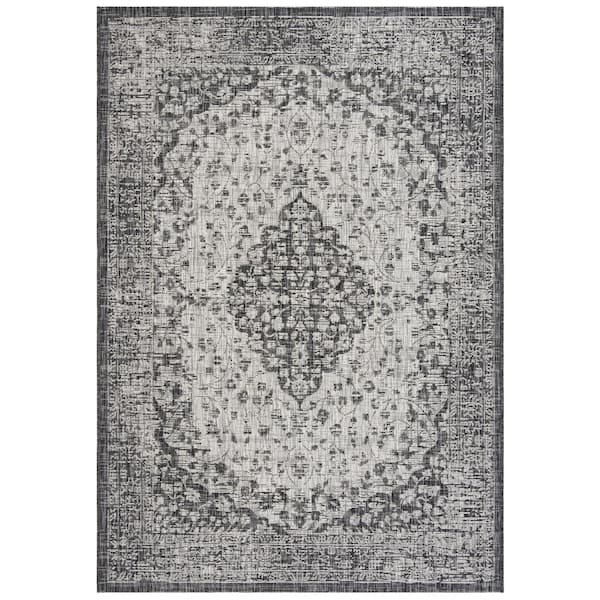 Courtyard Black/Gray 9 ft. x 12 ft. Medallion Border Indoor/Outdoor Area Rug
