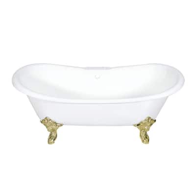 Aqua Eden 72 in. L Cast Iron Double Slipper Clawfoot Bathtub in White/Polished Brass