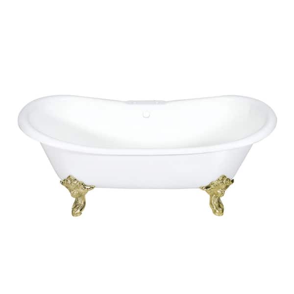 Aqua Eden 72 in. L Cast Iron Double Slipper Clawfoot Bathtub in White/Polished Brass
