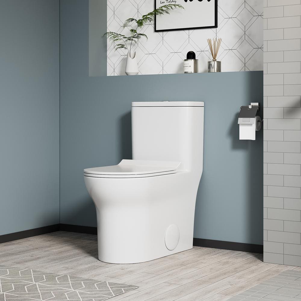 Glossy White Ceramic Elongated One-Piece Toilet with Dual Flush