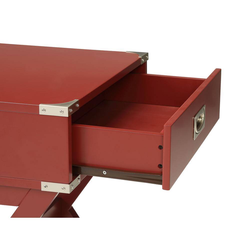 Red Square Wooden End Table with Metal Accents and Storage