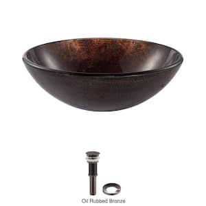 Pluto Glass Vessel Sink in Brown with Pop up Drain and Mounting Ring in Oil Rubbed Bronze