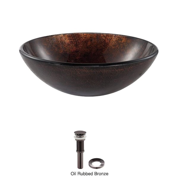 KRAUS Pluto Glass Vessel Sink in Brown with Pop up Drain and Mounting Ring in Oil Rubbed Bronze