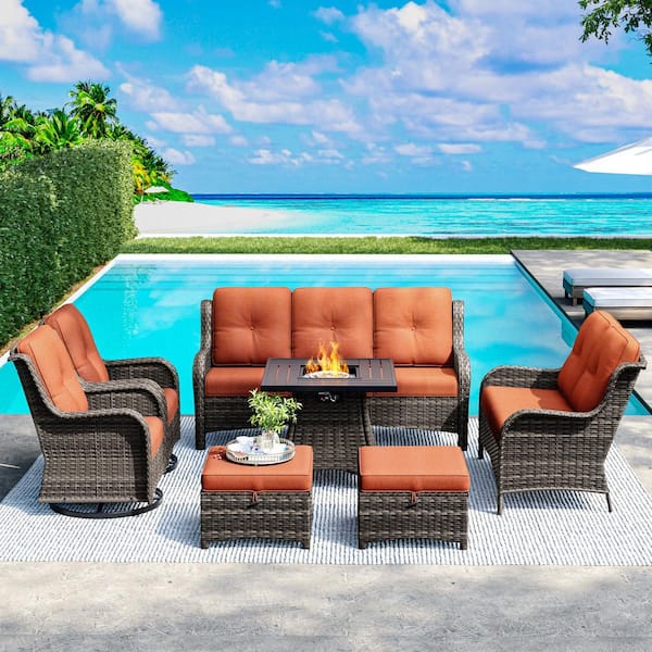 Rattan 7 Seat 7-Piece Wicker Fire Pit Set, Patio Conversation Set with Orange Cushions and Swivel Rockers