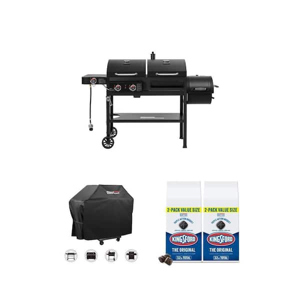 76 in. Oxford Grill Cover, 2-Burner Gas/Charcoal Grill with Smoker, and 16 lbs. Charcoal Briquettes Combo (2-Pack)
