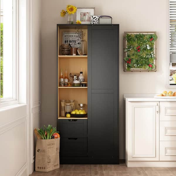 FUFU&GAGA Black and Wood Grain 31.5 in. Width Wooden Sideboard Cabinet with 2-Drawers, 5-Shelves and A Sliding Rail Door
