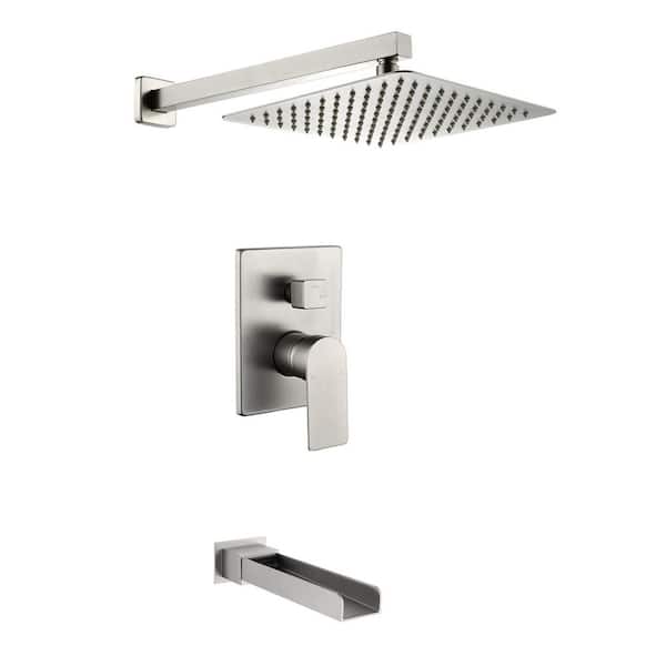 Single Handle 1-Spray Tub and Shower Faucet 2.5 GPM 10 in Shower Head in Brushed Nickel Valve Included