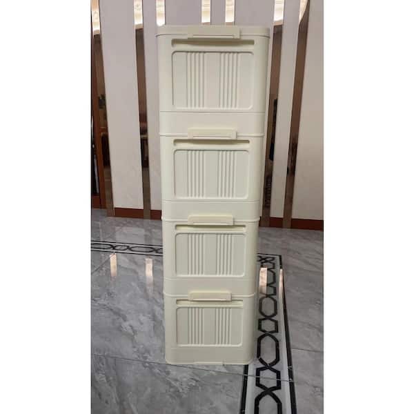 Cream White 41 in. H 4 Tiers Folding Collapsible Storage Cabinet with Magnetic Door, Plastic Storage Cabinet with Wheels